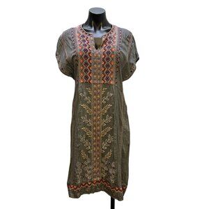 Johnny Was Workshop Embroidered Cotton Dress Short Sleeve Gray Multicolor S